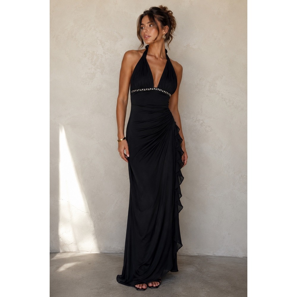 Cache Black Halter Maxi with Beaded Waist Detail
